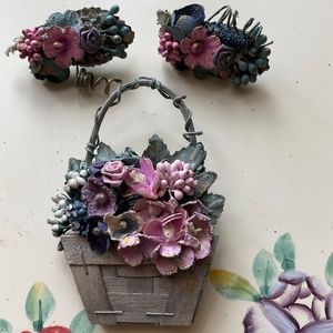 Vintage wood flower basket brooch and earring set